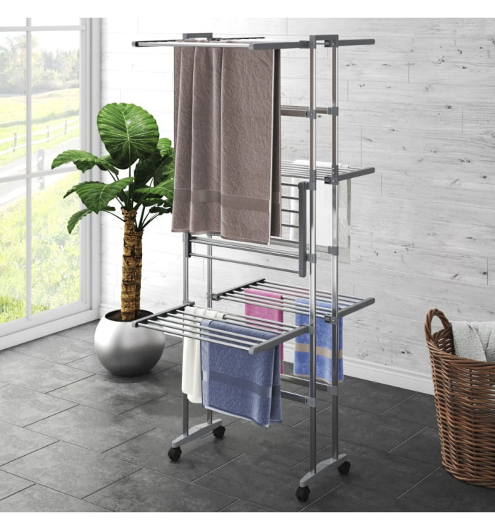 Étagère à linge à 3 niveaux avec roues Argenté 60x70x129 cm | Mobilier & Déco