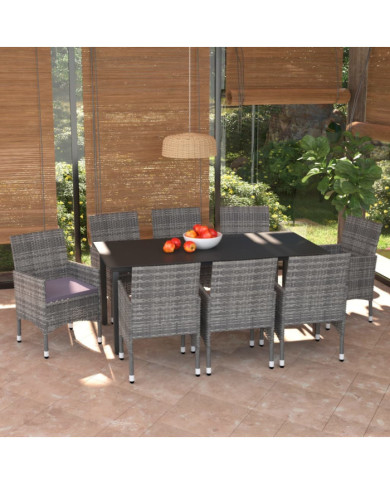 Ensemble à manger de jardin et coussins 9 pcs Poly rotin Gris | Mobilier & Déco