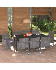 Ensemble à manger de jardin et coussins 9 pcs Poly rotin Gris | Mobilier & Déco