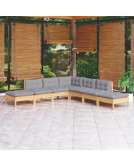 Salon de jardin 7 pcs avec coussins gris bois de pin | Mobilier & Déco