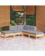 Salon de jardin 5 pcs avec coussins gris bois de pin | Mobilier & Déco