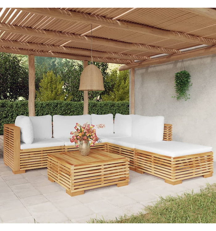 Salon de jardin 6 pcs avec coussins Bois de teck solide | Mobilier & Déco