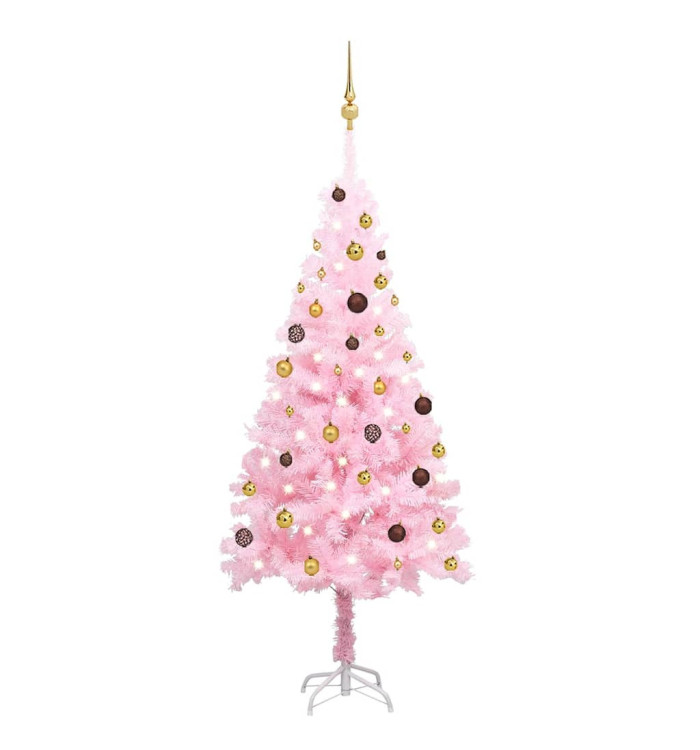 Arbre de Noël artificiel pré-éclairé et boules rose 180 cm PVC | Mobilier & Déco