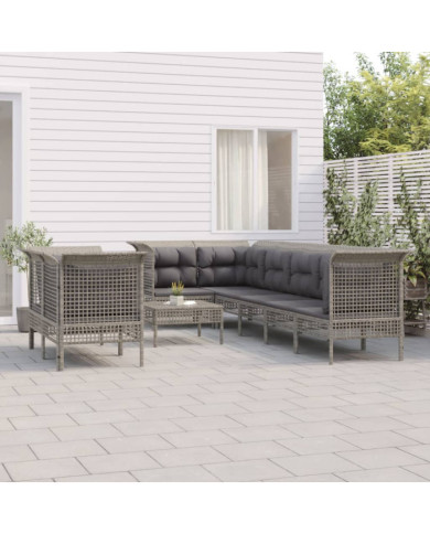 Salon de jardin 9 pcs avec coussins Gris Résine tressée | Mobilier & Déco