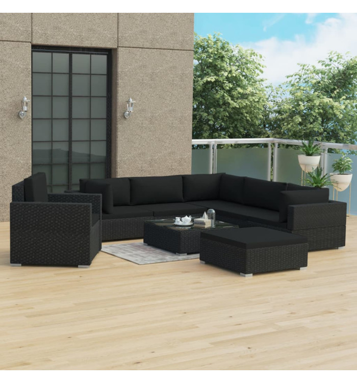 Salon de jardin 8 pcs avec coussins résine tressée noir | Mobilier & Déco