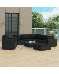 Salon de jardin 8 pcs avec coussins résine tressée noir | Mobilier & Déco