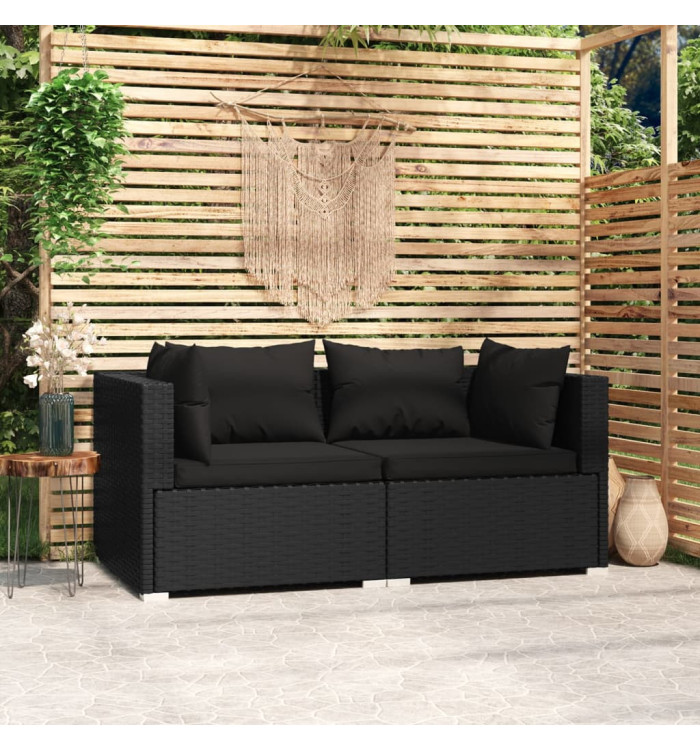 Canapé 2 places avec coussins Noir Résine tressée | Mobilier & Déco