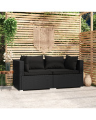 Canapé 2 places avec coussins Noir Résine tressée | Mobilier & Déco