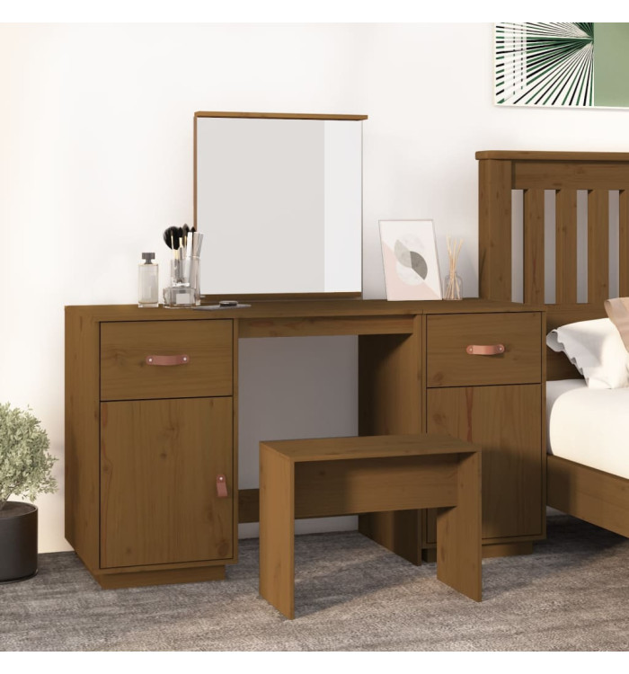 Ensemble de coiffeuse et miroir Marron miel Bois de pin solide | Mobilier & Déco