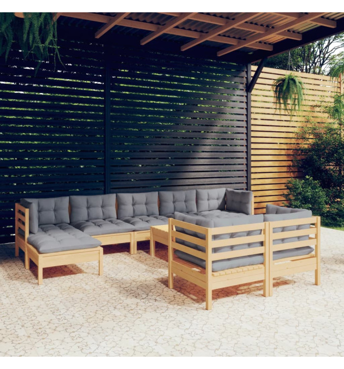 Salon de jardin 10 pcs avec coussins gris bois de pin massif | Mobilier & Déco