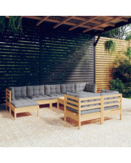 Salon de jardin 10 pcs avec coussins gris bois de pin massif | Mobilier & Déco