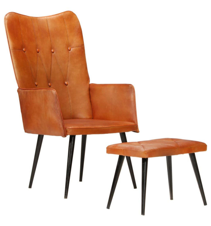 Chaise à oreilles avec repose-pied Brun roux Cuir véritable | Mobilier & Déco