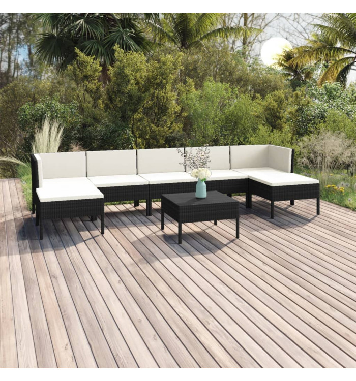 Salon de jardin 8 pcs avec coussins résine tressée noir | Mobilier & Déco