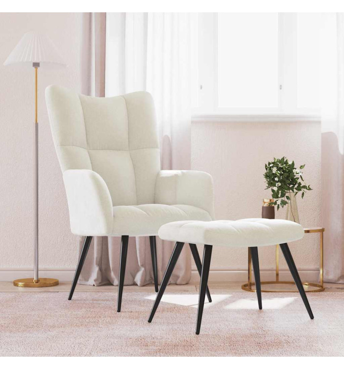 Chaise de relaxation avec tabouret Blanc crème Velours | Mobilier & Déco