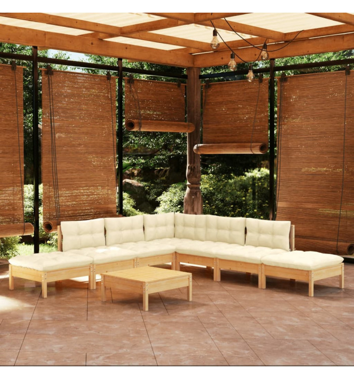Salon de jardin 8 pcs avec coussins crème Bois de pin | Mobilier & Déco