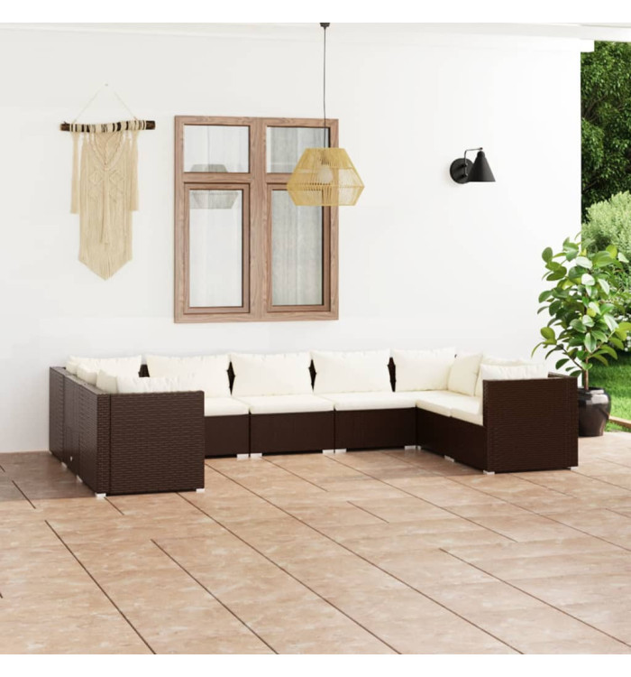 Salon de jardin 9 pcs avec coussins Résine tressée Marron | Mobilier & Déco