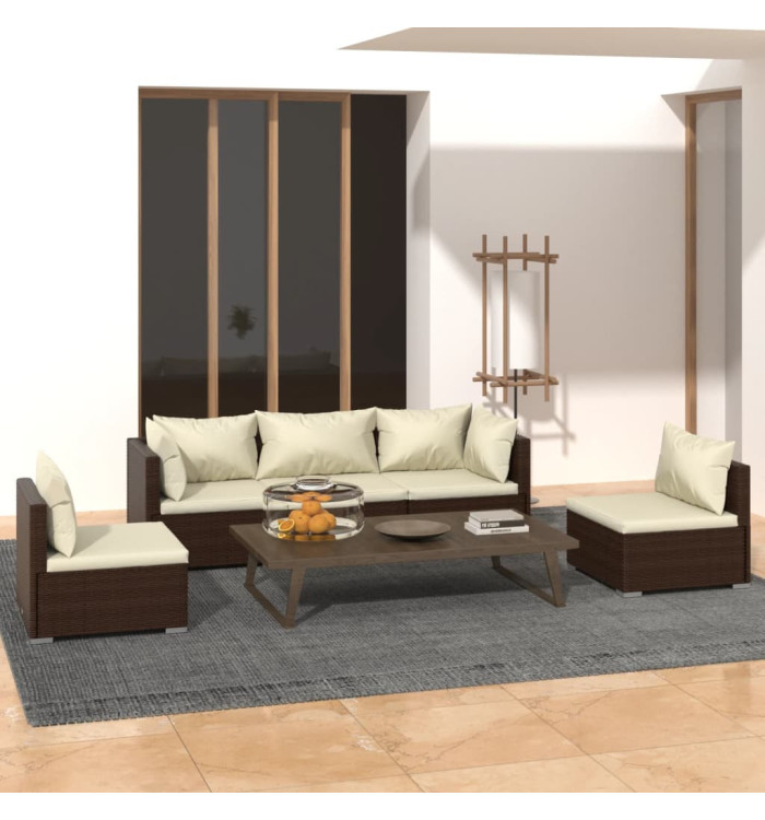 Salon de jardin 5 pcs avec coussins Résine tressée Marron | Mobilier & Déco