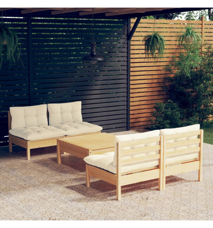 Salon de jardin 5 pcs avec coussins crème bois de pin | Mobilier & Déco