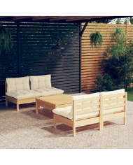 Salon de jardin 5 pcs avec coussins crème bois de pin | Mobilier & Déco