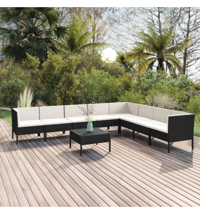 Salon de jardin 9 pcs avec coussins Résine tressée Noir | Mobilier & Déco