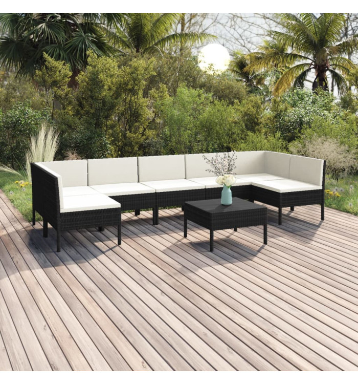 Salon de jardin 8 pcs avec coussins résine tressée noir | Mobilier & Déco