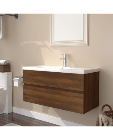 Meuble lavabo avec bassin intégré Chêne brun Bois d'ingénierie | Mobilier & Déco