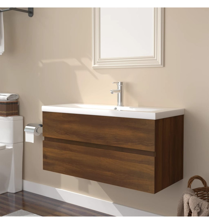 Meuble lavabo avec bassin intégré Chêne brun Bois d'ingénierie | Mobilier & Déco