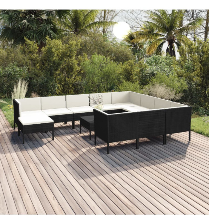 Salon de jardin 12 pcs avec coussins résine tressée noir | Mobilier & Déco