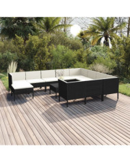 Salon de jardin 12 pcs avec coussins résine tressée noir | Mobilier & Déco