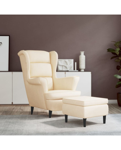 Fauteuil à oreilles avec tabouret crème velours | Mobilier & Déco