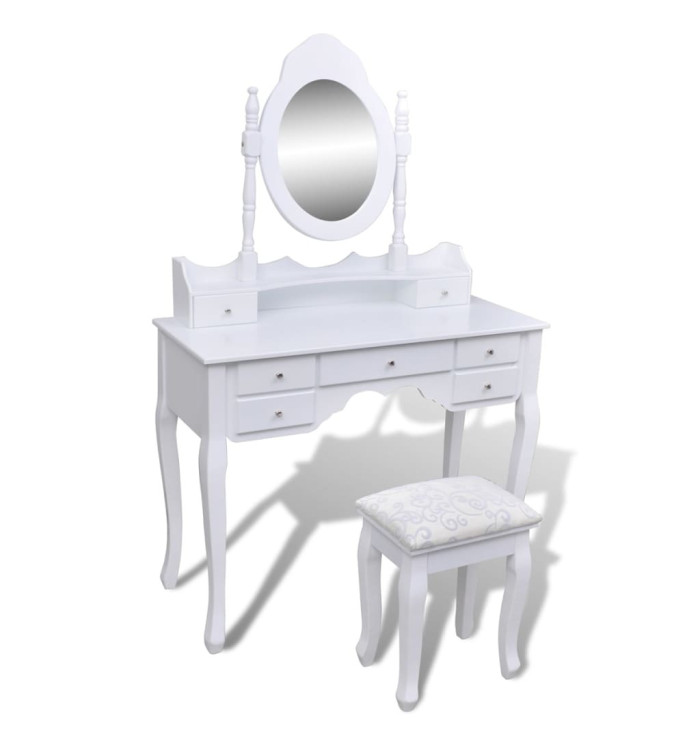 Coiffeuse avec miroir et tabouret 7 tiroirs Blanc | Mobilier & Déco