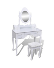 Coiffeuse avec miroir et tabouret 7 tiroirs Blanc | Mobilier & Déco