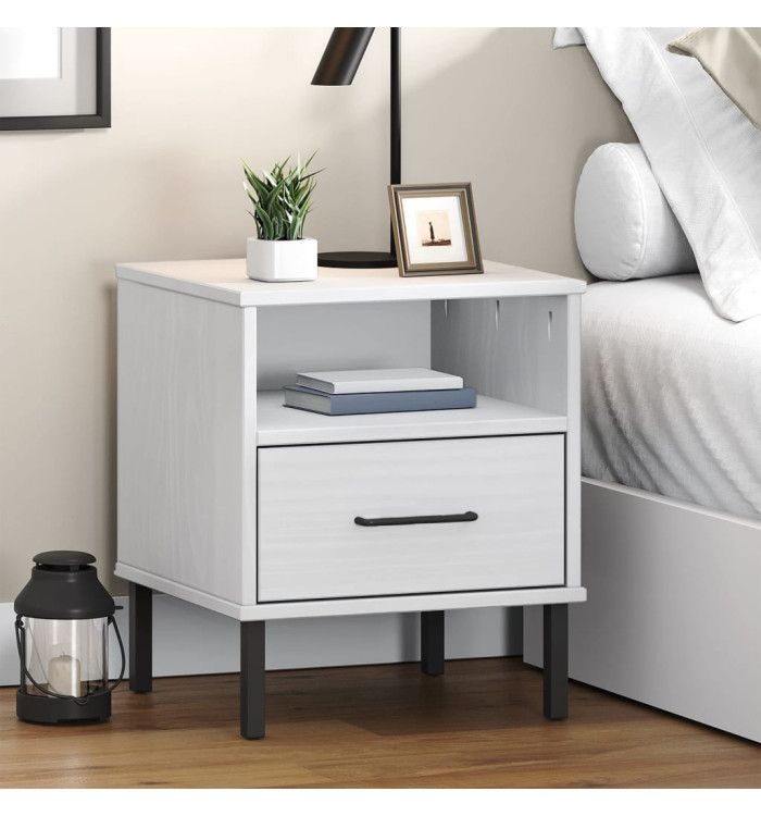Table de chevet avec pieds en métal Blanc Bois pin massif OSLO | Mobilier & Déco