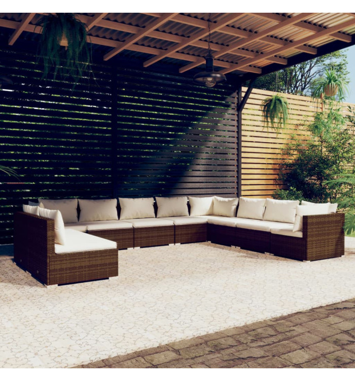 Salon de jardin 10 pcs avec coussins marron résine tressée | Mobilier & Déco