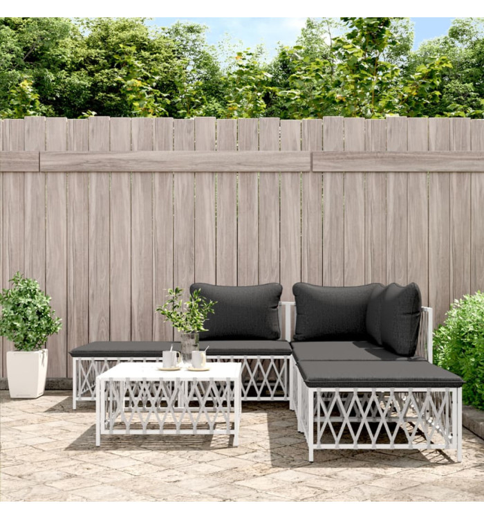 Salon de jardin avec coussins 6 pcs blanc acier | Mobilier & Déco