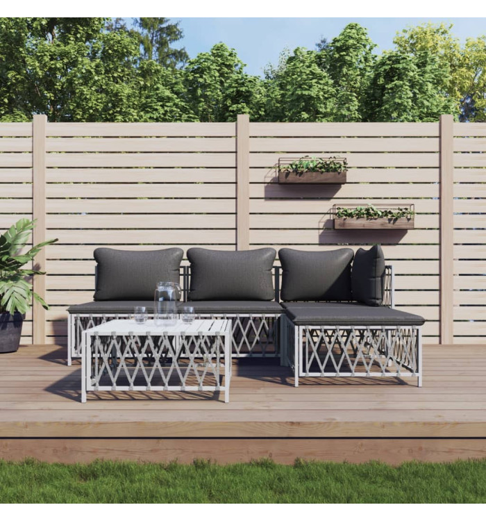 Salon de jardin avec coussins 5 pcs blanc acier | Mobilier & Déco