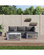 Salon de jardin avec coussins 5 pcs blanc acier | Mobilier & Déco