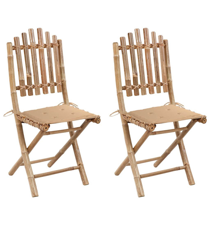 Chaises pliables de jardin lot de 2 avec coussins Bambou | Mobilier & Déco