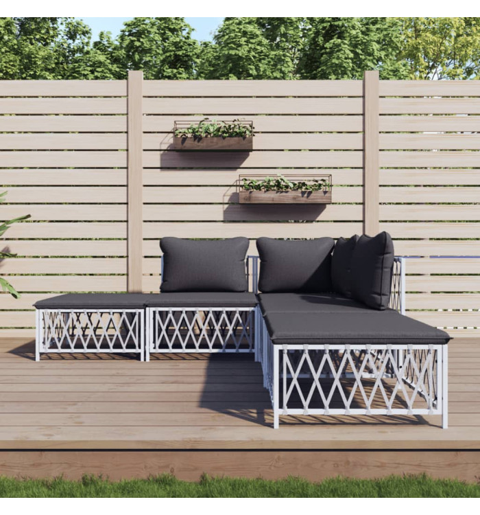 Salon de jardin avec coussins 5 pcs blanc acier | Mobilier & Déco