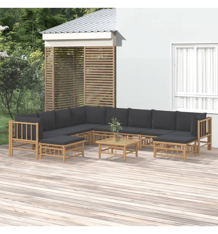 Salon de jardin 11 pcs avec coussins gris foncé bambou | Mobilier & Déco