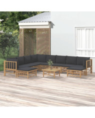 Salon de jardin 11 pcs avec coussins gris foncé bambou | Mobilier & Déco