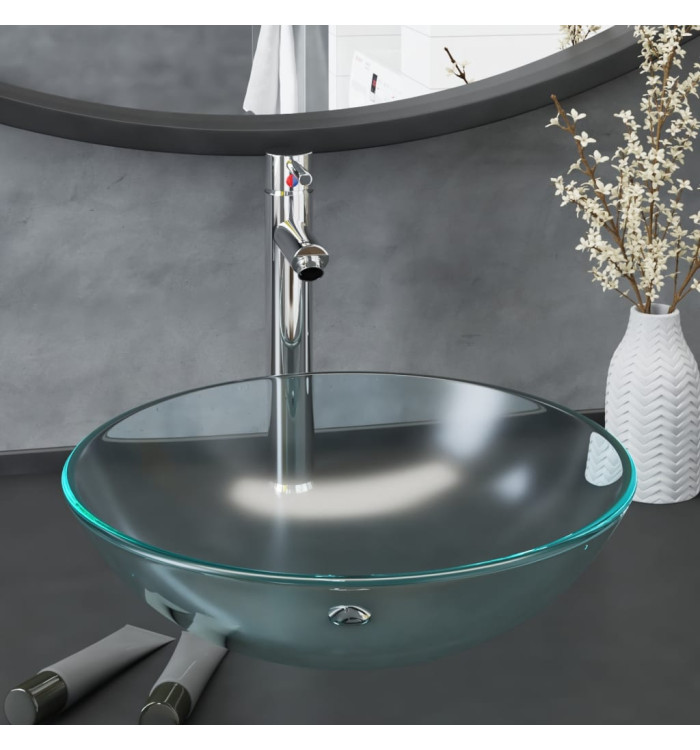 Lavabo de bain avec robinet et drain à poussoir Verre trempé | Mobilier & Déco