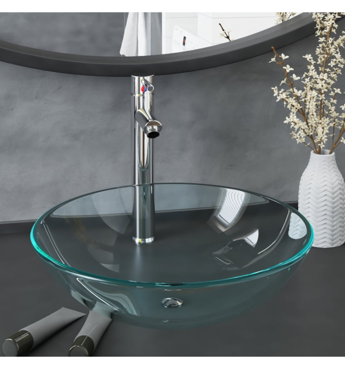 Lavabo de bain avec robinet et drain à poussoir Verre trempé | Mobilier & Déco