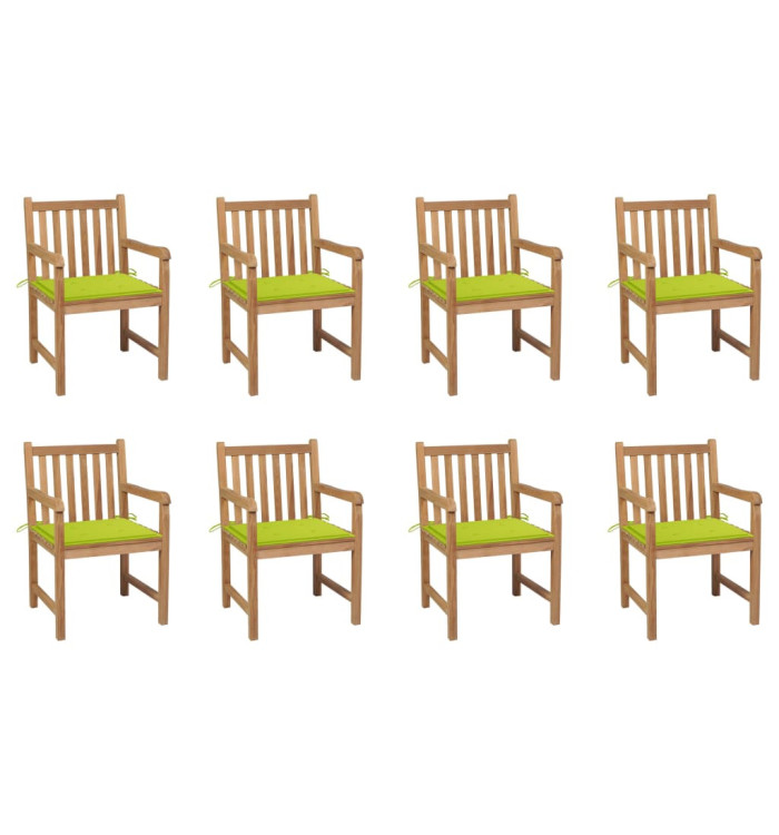 Chaises de jardin lot de 8 avec coussins vert vif Bois de teck | Mobilier & Déco
