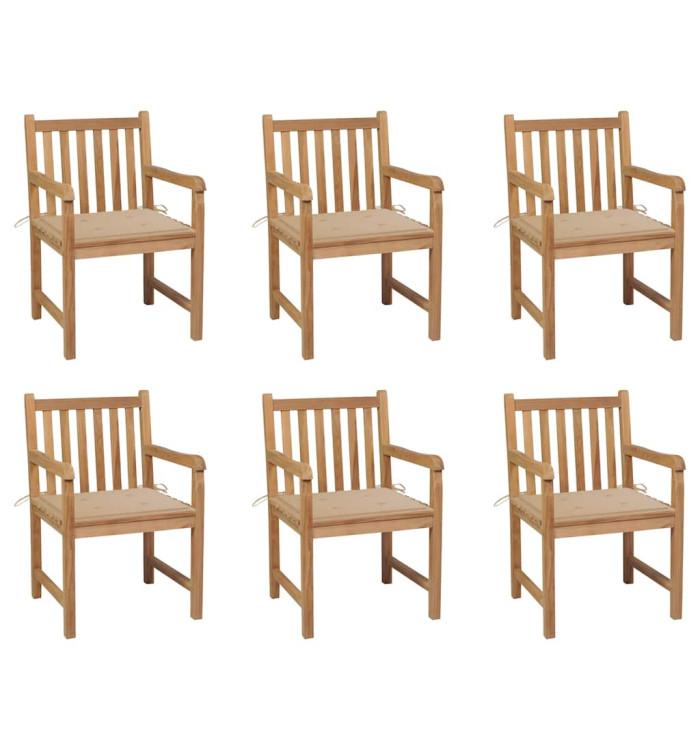 Chaises de jardin lot de 6 et coussins beige Bois teck massif | Mobilier & Déco