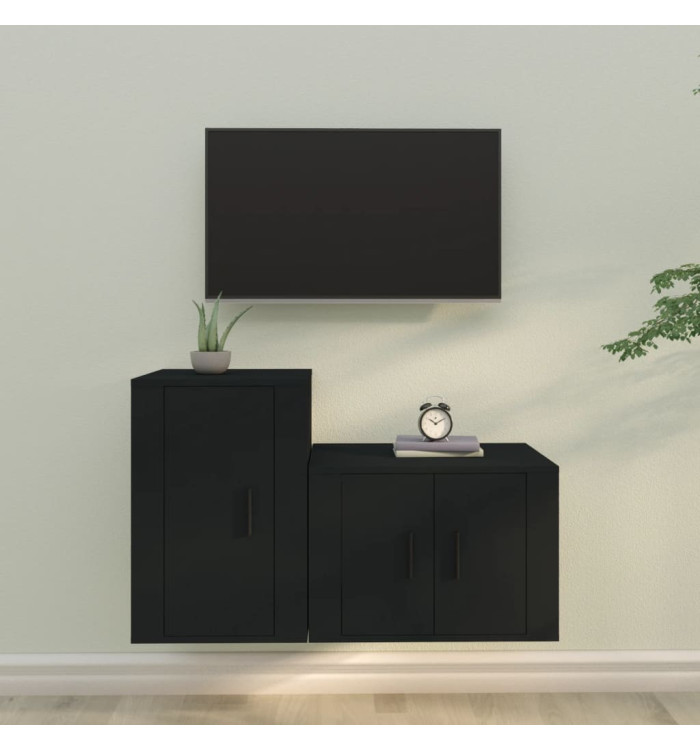 Ensemble de meubles TV 2 pcs noir bois d'ingénierie | Mobilier & Déco