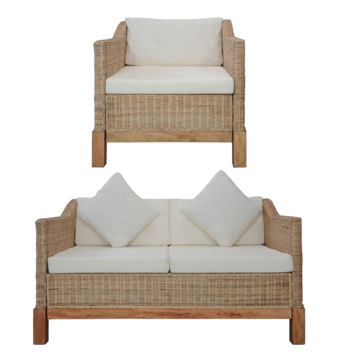 Ensemble de canapés 2 pcs avec coussins Rotin naturel | Mobilier & Déco