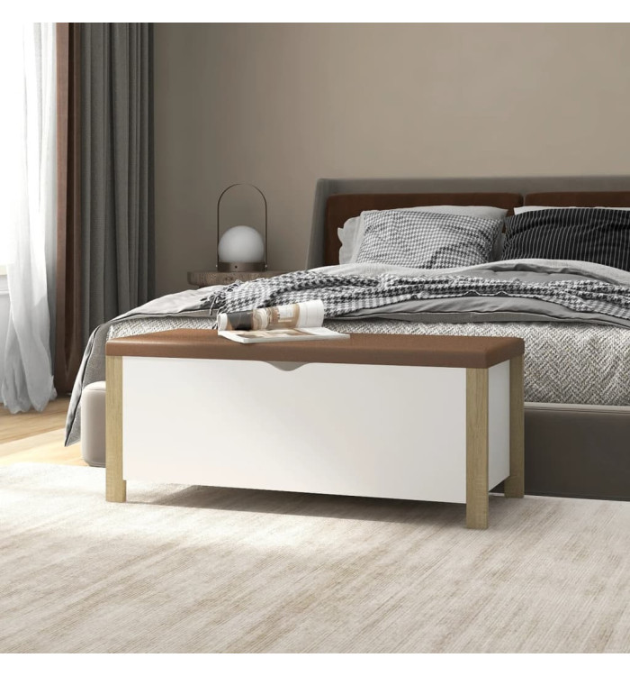 Boîte de rangement et coussin Blanc/chêne 105x40x45cm Aggloméré | Mobilier & Déco