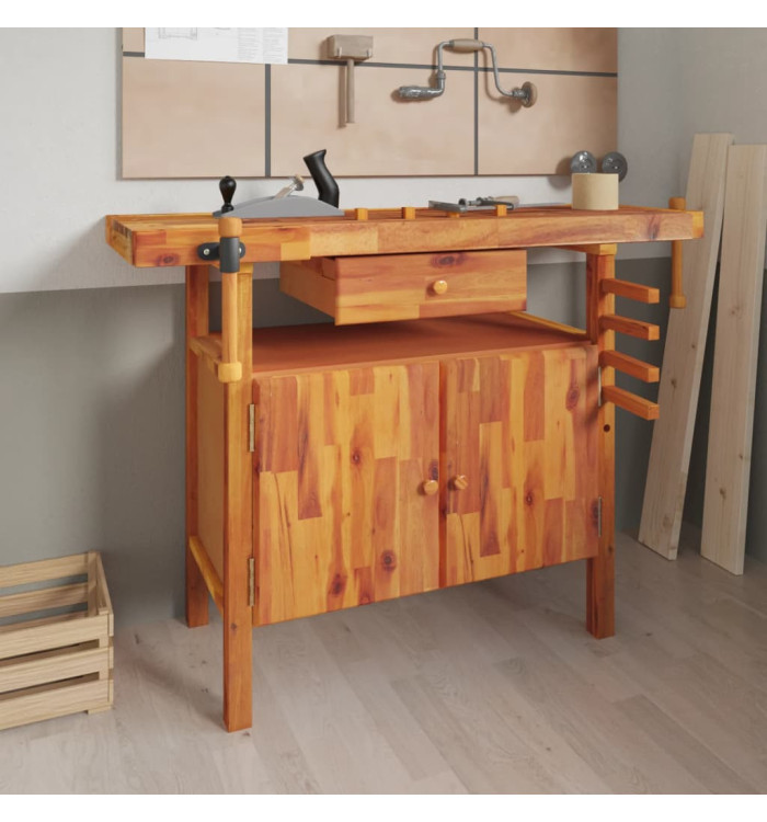 Établi avec tiroir et étaux 124x52x83 cm Bois massif d'acacia | Mobilier & Déco