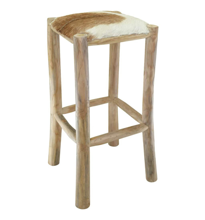 Tabouret de bar Cuir véritable et bois de teck solide | Mobilier & Déco